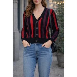 Cabi Red Plum Black Striped Button Down Retro Cardigan 90s Vibe Top